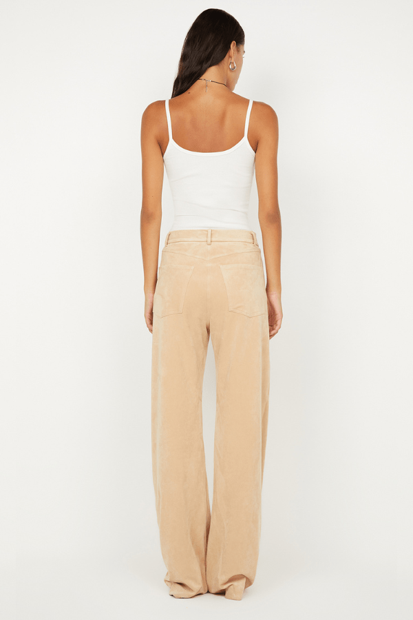 Lyon Pant Nougat by Effie Kats, vintage-inspired soft stretch mesh, high-neck full-length silhouette with open back and ruched bodice, dry clean only.