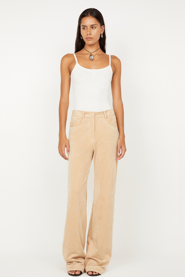 Lyon Pant Nougat by Effie Kats, vintage-inspired soft stretch mesh, high-neck full-length silhouette with open back and ruched bodice, dry clean only.