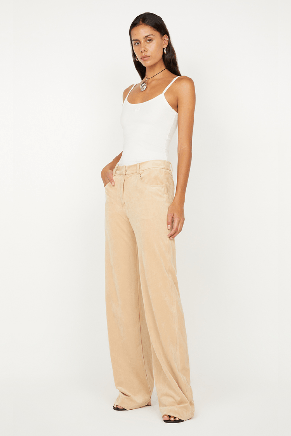 Lyon Pant Nougat by Effie Kats, vintage-inspired soft stretch mesh, high-neck full-length silhouette with open back and ruched bodice, dry clean only.