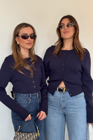 Frances Cardigan Navy by Sneaky Link, soft viscose blend with high scoop neck, long sleeves, and button front, perfect for any outfit.