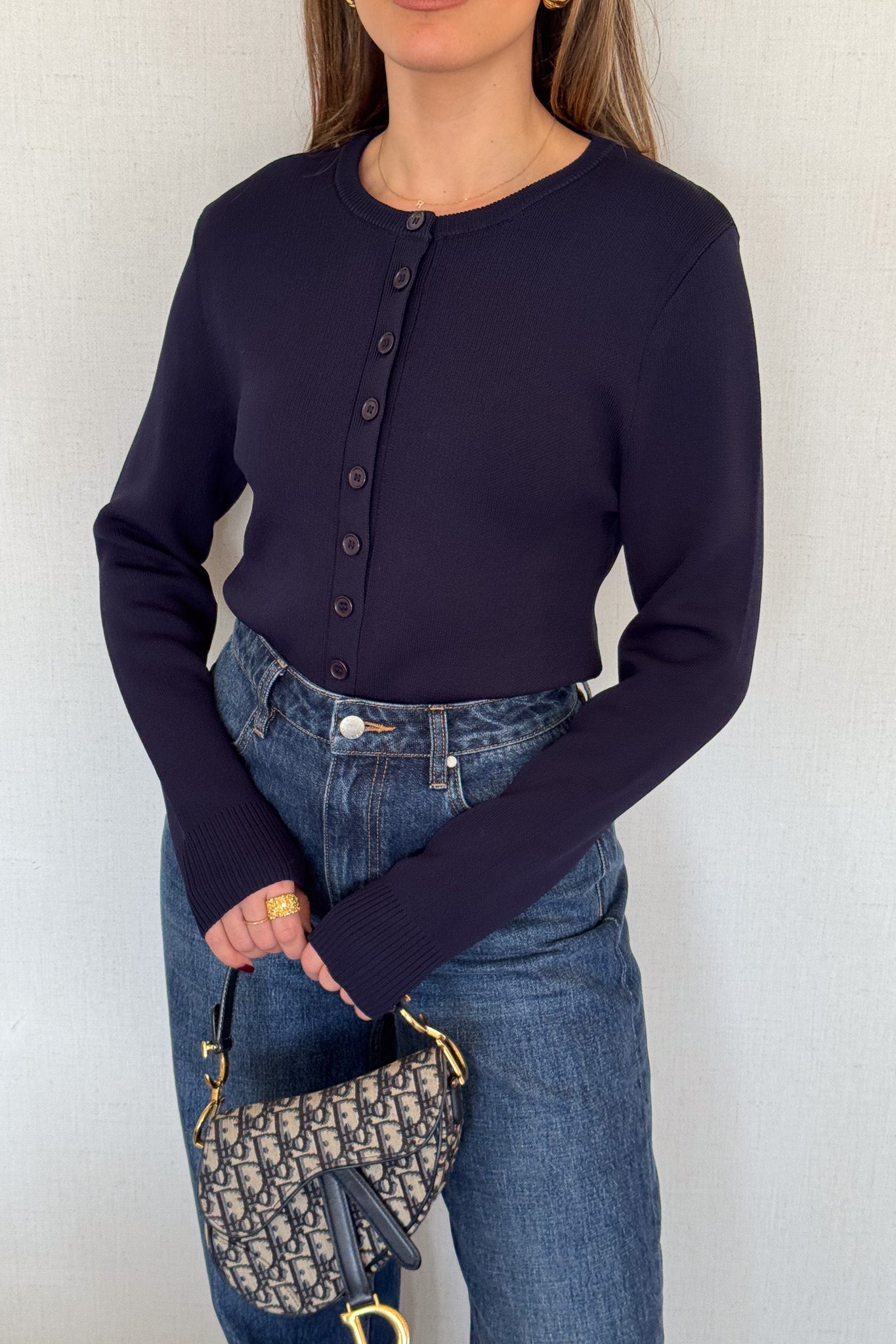 Frances Cardigan Navy by Sneaky Link, soft viscose blend with high scoop neck, long sleeves, and button front, perfect for any outfit.