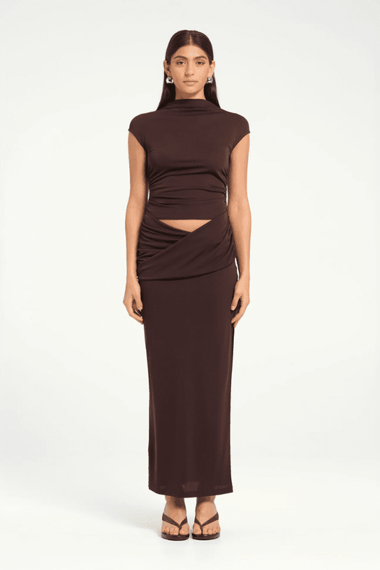 Royce Maxi Dress Aqua by Bec + Bridge, a sleek silhouette with twisted waist detail, subtle cut-outs, cowl waist, and side split for modern evening elegance.