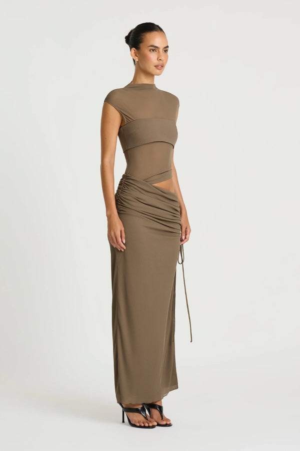 Becker Maxi Dress in Khaki by Benni, a stretch mesh maxi with cap sleeves, contrast bust panel, and adjustable side split.