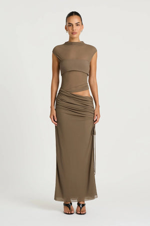 Becker Maxi Dress in Khaki by Benni, a stretch mesh maxi with cap sleeves, contrast bust panel, and adjustable side split.
