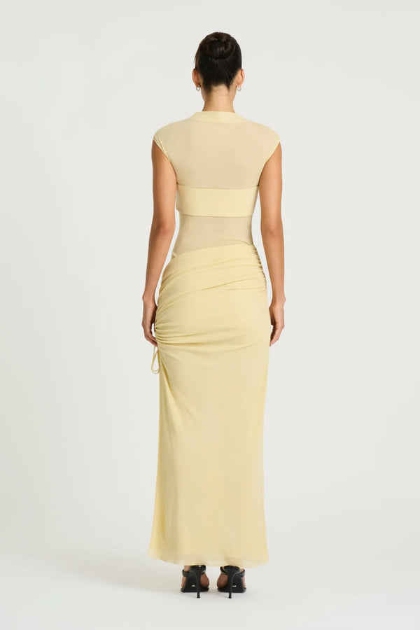 Becker Maxi Dress in Lemon Cream by Benni, a stretch mesh maxi with cap sleeves, contrast bust panel, and adjustable side split.