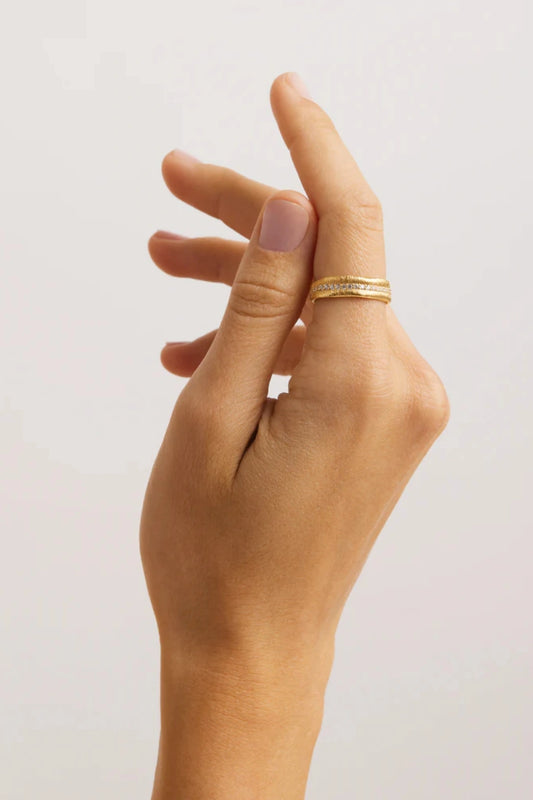 Begin Again Ring by By Charlotte, gold vermeil band with textured leaf detail and cubic zirconias, a trendy piece perfect for layering or meaningful wear.