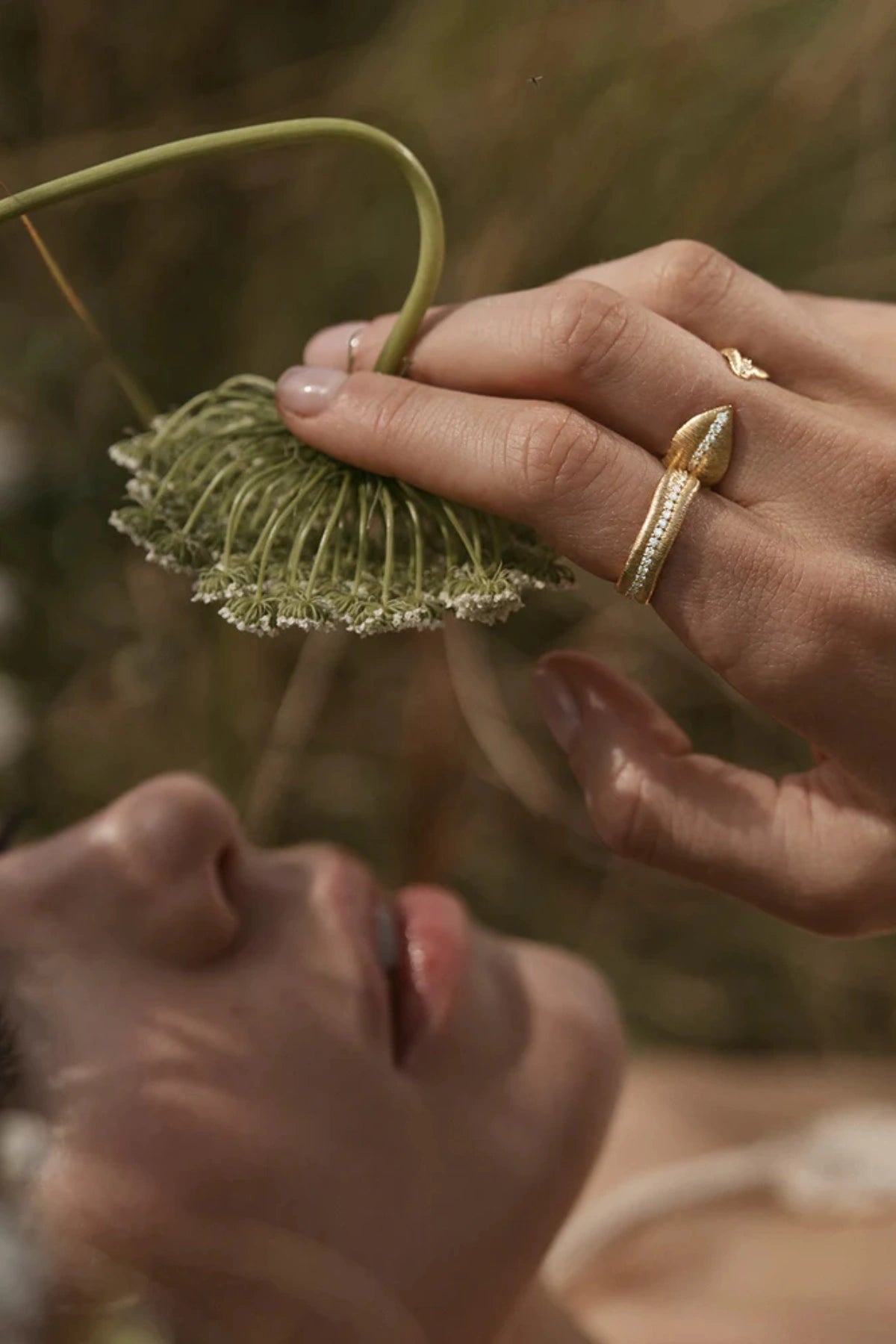 Begin Again Ring by By Charlotte, gold vermeil band with textured leaf detail and cubic zirconias, a trendy piece perfect for layering or meaningful wear.