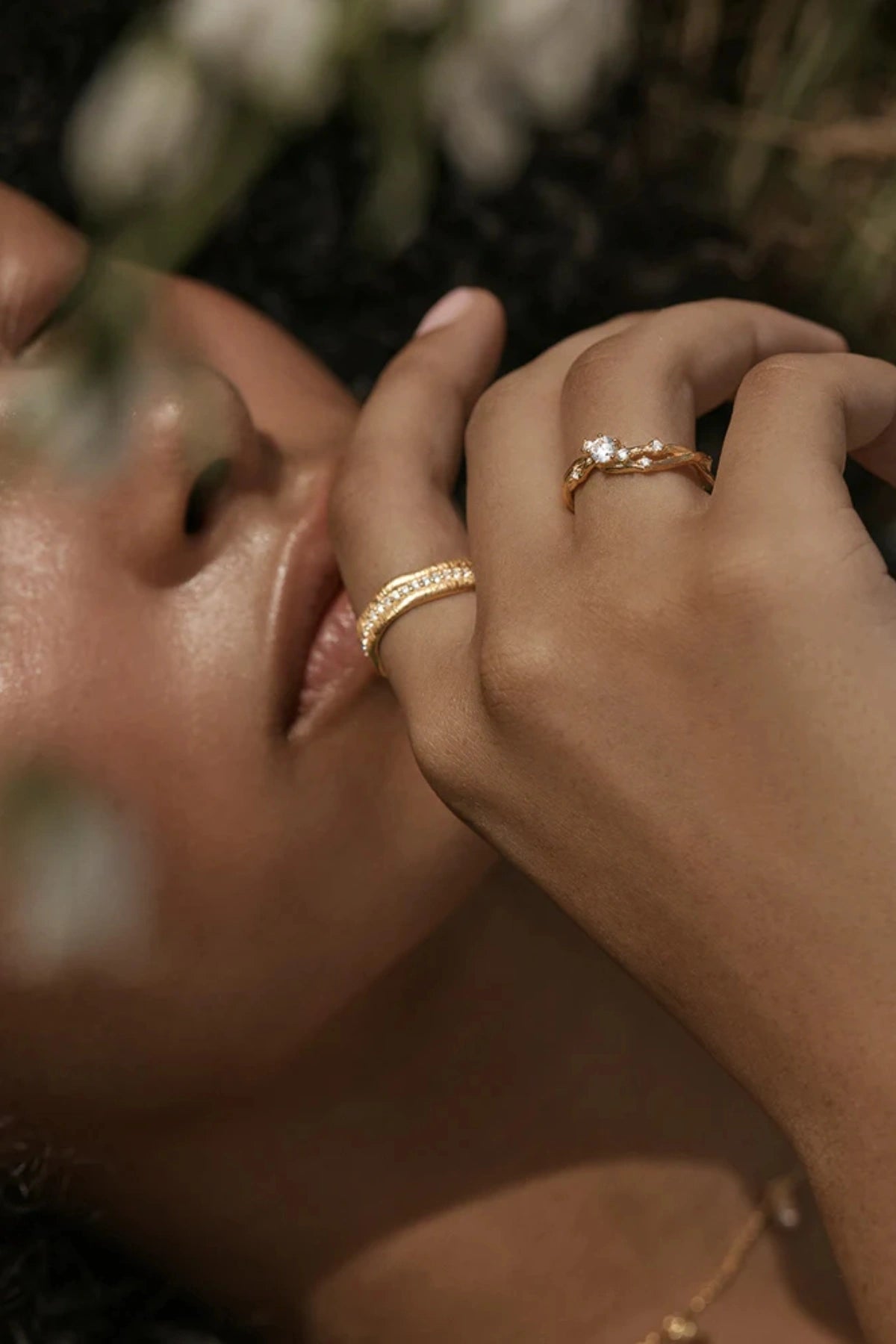Begin Again Ring by By Charlotte, gold vermeil band with textured leaf detail and cubic zirconias, a trendy piece perfect for layering or meaningful wear.