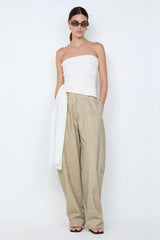 Belle Strapless Top by Bec + Bridge, a sleek nylon silhouette with tucked bodice and front tie detail—perfect for bridal or resort occasions.