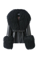Betty Leather Jacket Black by Ppeached - lamb leather jacket with shearling collar and belt, designed for a refined statement look.