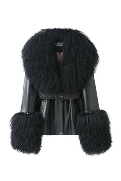 Betty Leather Jacket Black by Ppeached - lamb leather jacket with shearling collar and belt, designed for a refined statement look.