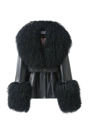 Betty Leather Jacket Black by Ppeached - lamb leather jacket with shearling collar and belt, designed for a refined statement look.