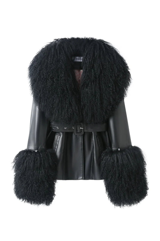 Betty Leather Jacket Black by Ppeached - lamb leather jacket with shearling collar and belt, designed for a refined statement look.