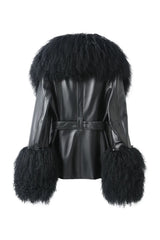 Betty Leather Jacket Black by Ppeached - lamb leather jacket with shearling collar and belt, designed for a refined statement look.