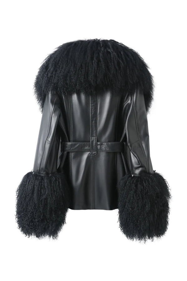 Betty Leather Jacket Black by Ppeached - lamb leather jacket with shearling collar and belt, designed for a refined statement look.