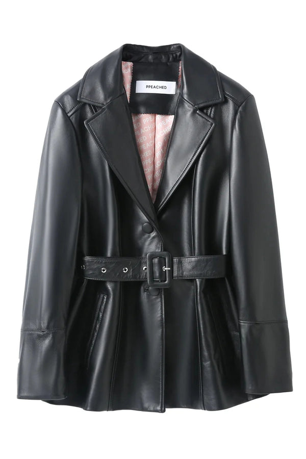 Betty Leather Jacket Black by Ppeached - lamb leather jacket with shearling collar and belt, designed for a refined statement look.