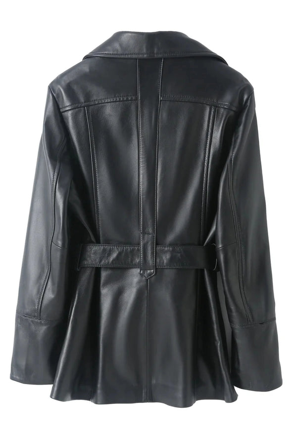Betty Leather Jacket Black by Ppeached - lamb leather jacket with shearling collar and belt, designed for a refined statement look.