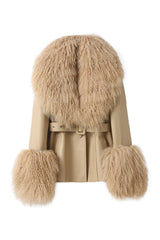 Betty Leather Jacket Latte by Ppeached - lamb leather jacket with shearling collar and belt, designed for a refined statement look.
