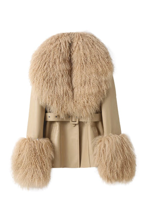 Betty Leather Jacket Latte by Ppeached - lamb leather jacket with shearling collar and belt, designed for a refined statement look.