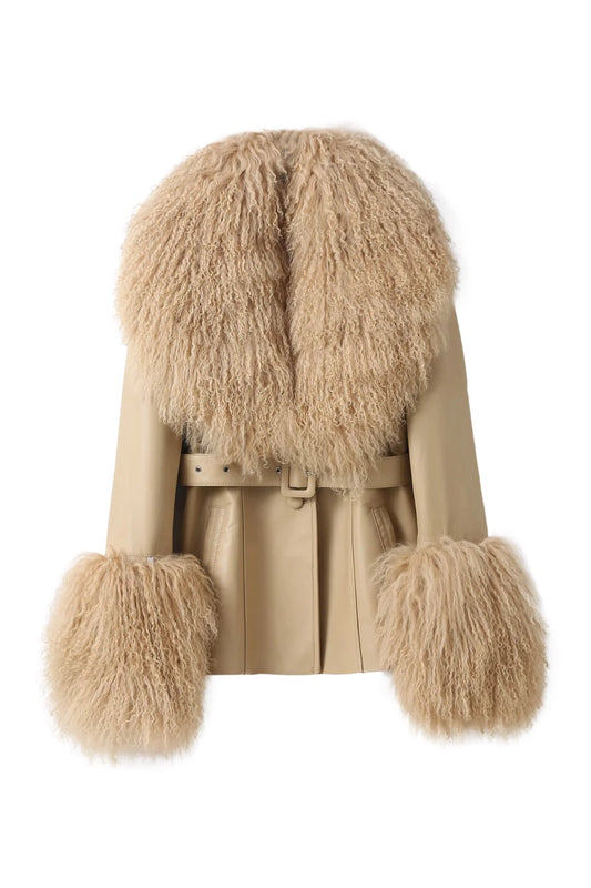 Betty Leather Jacket Latte by Ppeached - lamb leather jacket with shearling collar and belt, designed for a refined statement look.