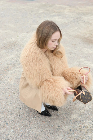 Betty Leather Jacket Latte by Ppeached - lamb leather jacket with shearling collar and belt, designed for a refined statement look.