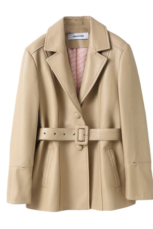 Betty Leather Jacket Latte by Ppeached - lamb leather jacket with shearling collar and belt, designed for a refined statement look.