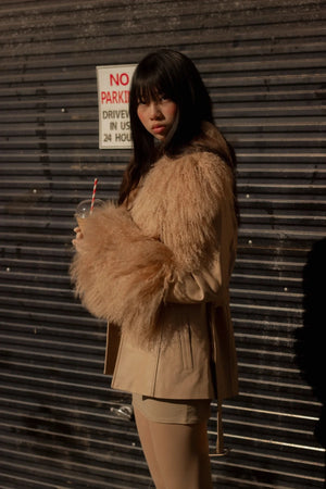 Betty Leather Jacket Latte by Ppeached - lamb leather jacket with shearling collar and belt, designed for a refined statement look.
