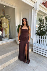 Bianca Strapless Maxi Dress Chocolate by Sneaky Link – a draped strapless maxi with soft stretch fit. Perfect for elegant evenings.