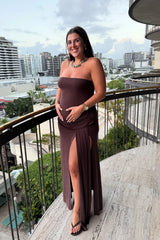 Bianca Strapless Maxi Dress Chocolate by Sneaky Link – a draped strapless maxi with soft stretch fit. Perfect for elegant evenings.