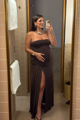 Bianca Strapless Maxi Dress Chocolate by Sneaky Link – a draped strapless maxi with soft stretch fit. Perfect for elegant evenings.