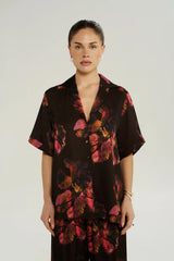 Big Shirt Chocolate Petals by Summi Summi – relaxed floral button up shirt with short sleeves and silky drape.