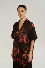 Big Shirt Chocolate Petals by Summi Summi – relaxed floral button up shirt with short sleeves and silky drape.