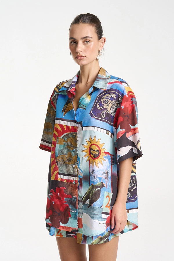 Big Shirt by Summi Summi, oversized button-up shirt featuring the Loco collage print in lightweight Tencel for relaxed styling.