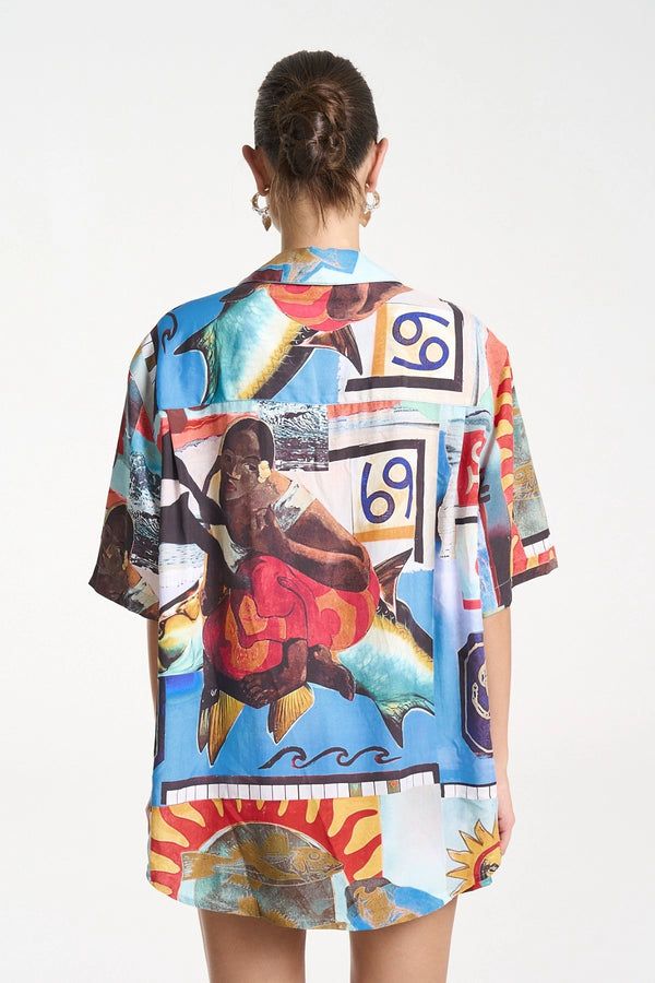 Big Shirt by Summi Summi, oversized button-up shirt featuring the Loco collage print in lightweight Tencel for relaxed styling.