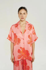 Big Shirt in Peach Petals by Summi Summi, a silky button-up shirt with a hand-painted floral print and relaxed fit.