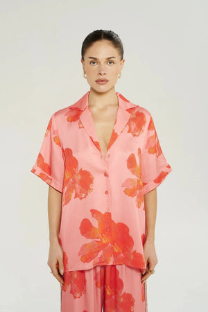 Big Shirt in Peach Petals by Summi Summi, a silky button-up shirt with a hand-painted floral print and relaxed fit.