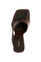 Bijou Choc Leather by Alias Mae, squared toe mule with leather toe-post design and 10cm heel, a trendy piece perfect for evenings or chic day styling.