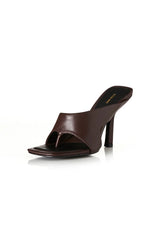 Bijou Choc Leather by Alias Mae, squared toe mule with leather toe-post design and 10cm heel, a trendy piece perfect for evenings or chic day styling.