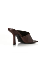 Bijou Choc Leather by Alias Mae, squared toe mule with leather toe-post design and 10cm heel, a trendy piece perfect for evenings or chic day styling.
