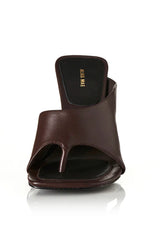 Bijou Choc Leather by Alias Mae, squared toe mule with leather toe-post design and 10cm heel, a trendy piece perfect for evenings or chic day styling.