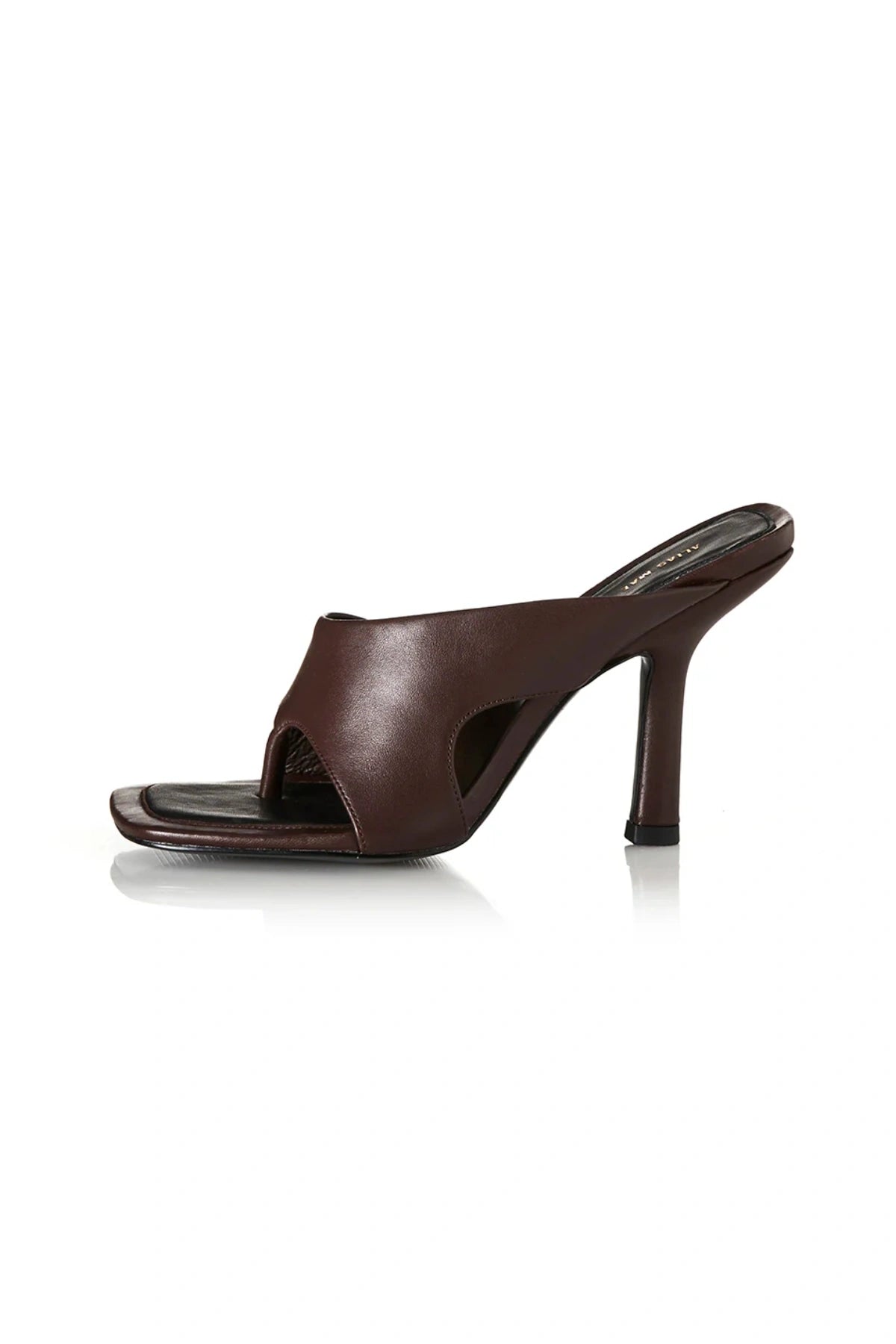 Bijou Choc Leather by Alias Mae, squared toe mule with leather toe-post design and 10cm heel, a trendy piece perfect for evenings or chic day styling.