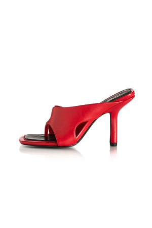 Bijou Scarlet Leather by Alias Mae, squared toe mule with leather toe-post design and 10cm heel, a trendy piece perfect for chic day to night looks.