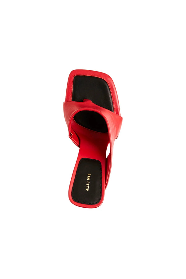 Bijou Scarlet Leather by Alias Mae, squared toe mule with leather toe-post design and 10cm heel, a trendy piece perfect for chic day to night looks.