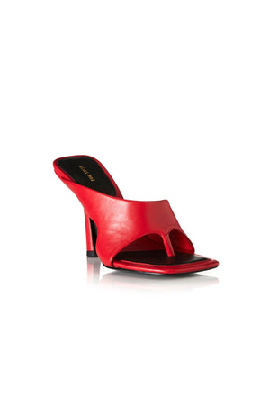 Bijou Scarlet Leather by Alias Mae, squared toe mule with leather toe-post design and 10cm heel, a trendy piece perfect for chic day to night looks.