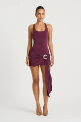 Billy Tank Mini Dress in Plum by Benni, a bodycon mini dress with scoop neckline, racerback straps, and adjustable wrap sash detail.