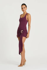 Billy Tank Mini Dress in Plum by Benni, a bodycon mini dress with scoop neckline, racerback straps, and adjustable wrap sash detail.