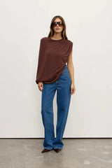 Birdie Bodysuit Chocolate by Bayse – asymmetric draped bodysuit with gathered detailing and sculpted silhouette.