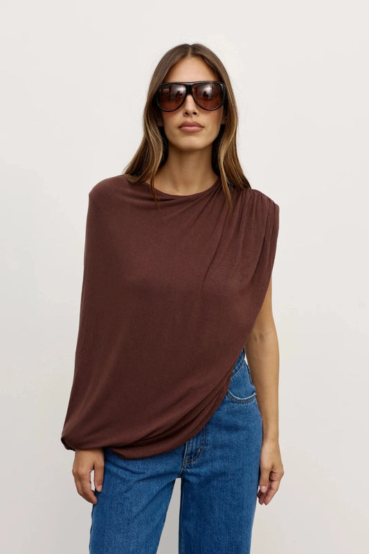 Birdie Bodysuit Chocolate by Bayse – asymmetric draped bodysuit with gathered detailing and sculpted silhouette.