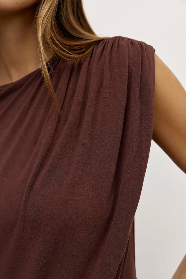 Birdie Bodysuit Chocolate by Bayse – asymmetric draped bodysuit with gathered detailing and sculpted silhouette.