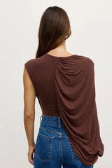 Birdie Bodysuit Chocolate by Bayse – asymmetric draped bodysuit with gathered detailing and sculpted silhouette.